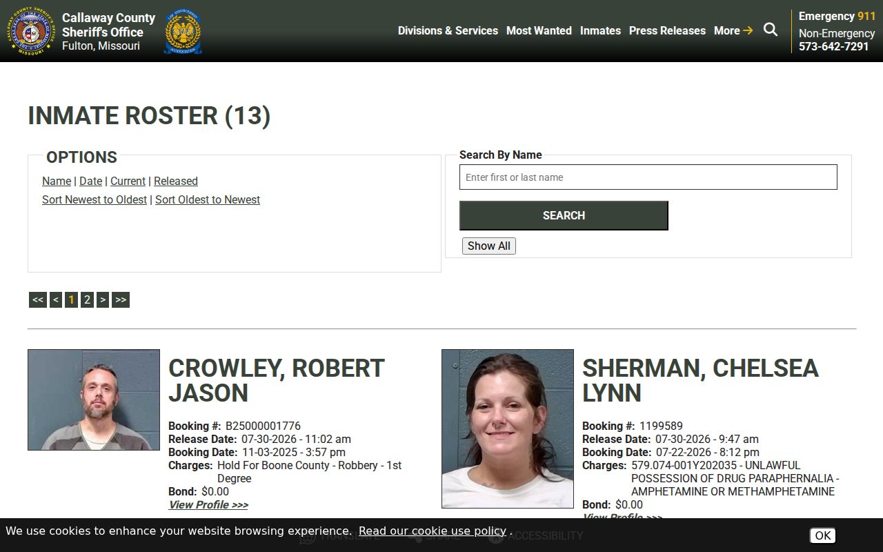 Callaway County Sheriff's official 48-hour jail release roster