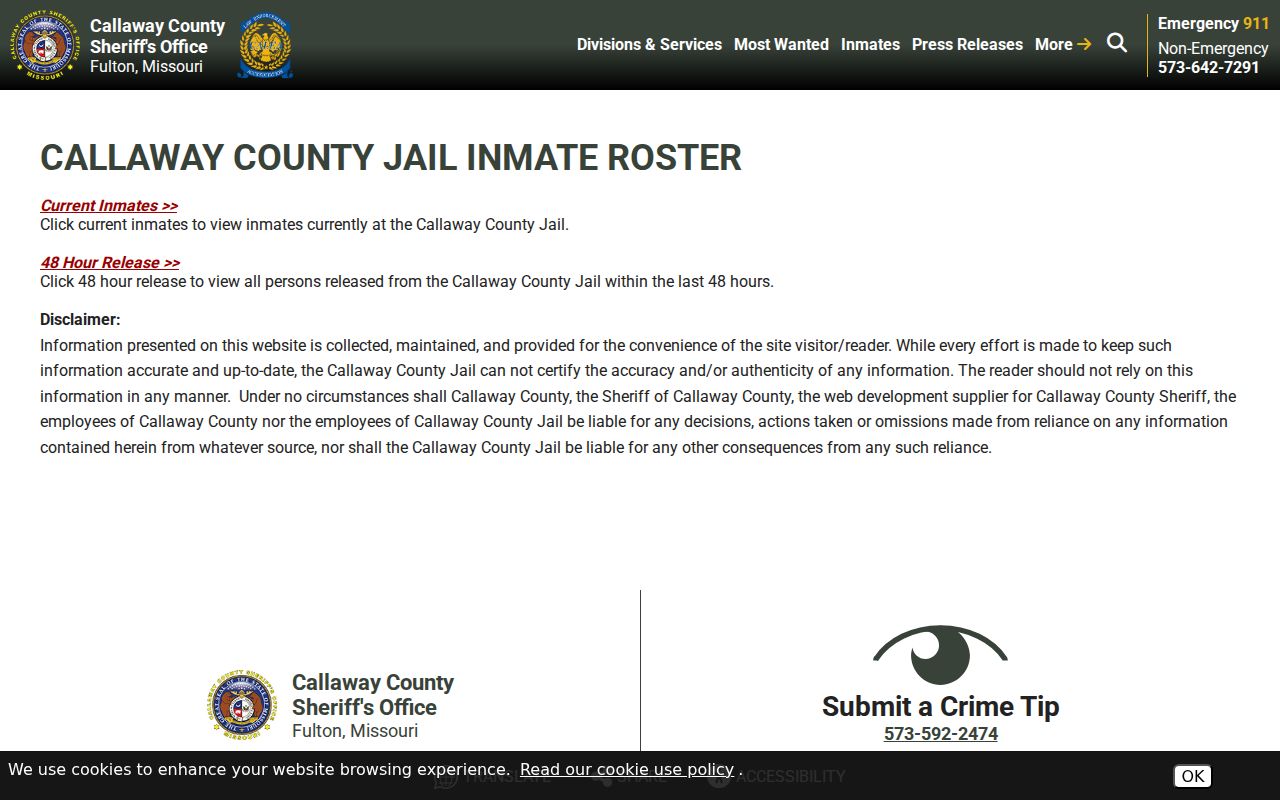 Callaway County Sheriff current inmate and 48-hour release roster choices