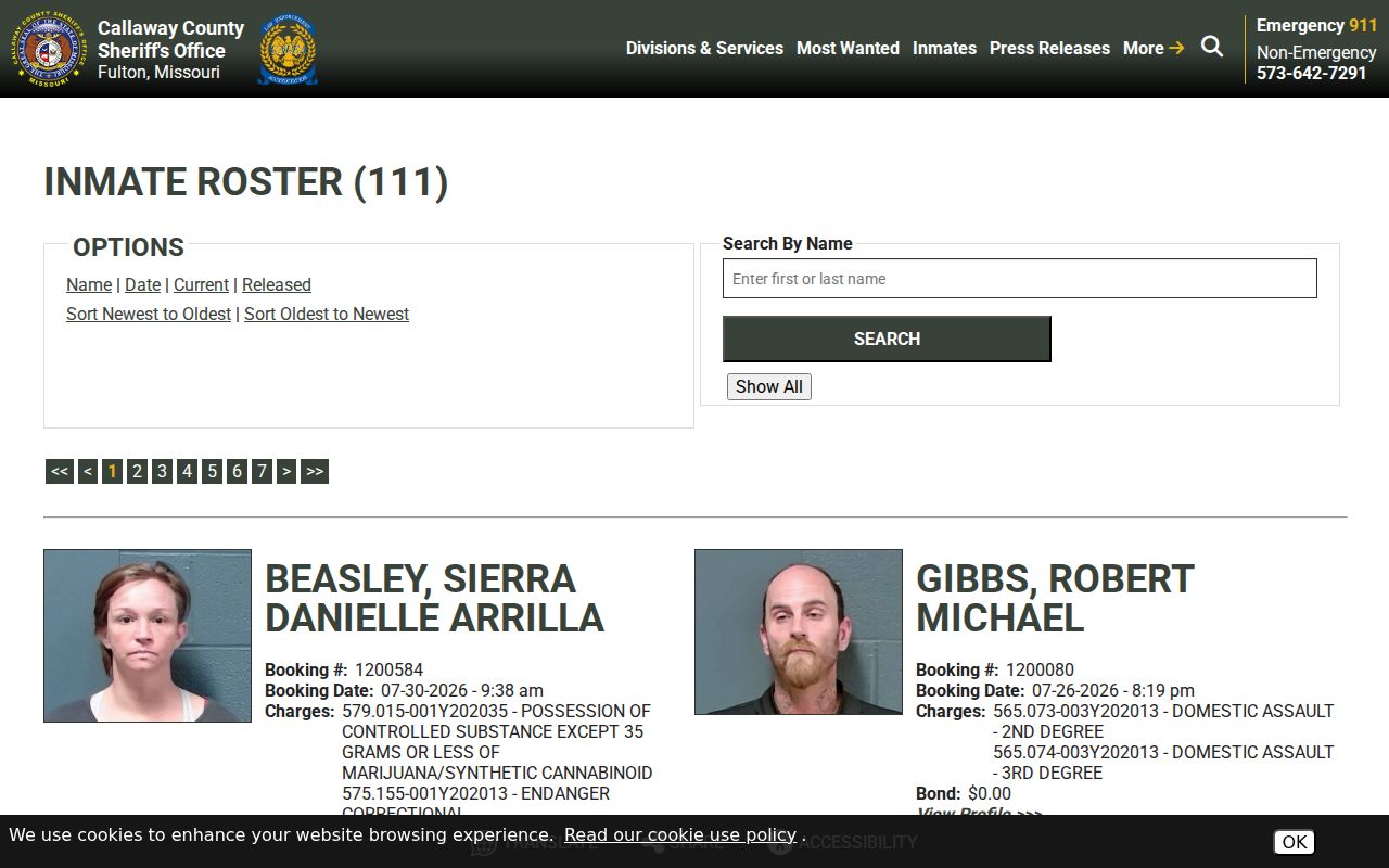 Official Callaway County current inmate roster search and sorting controls