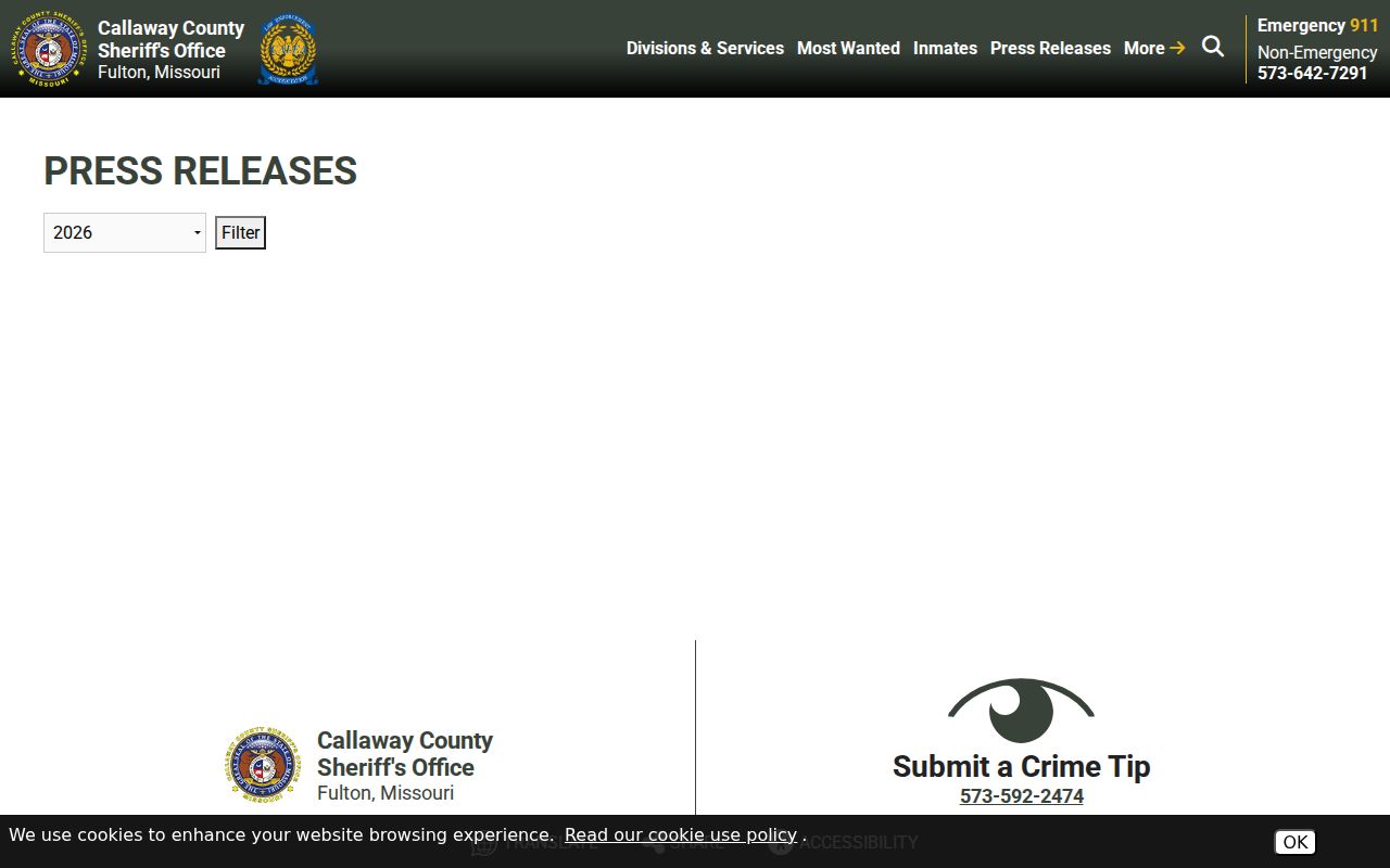 Callaway County Sheriff official press releases for selected incidents and arrests