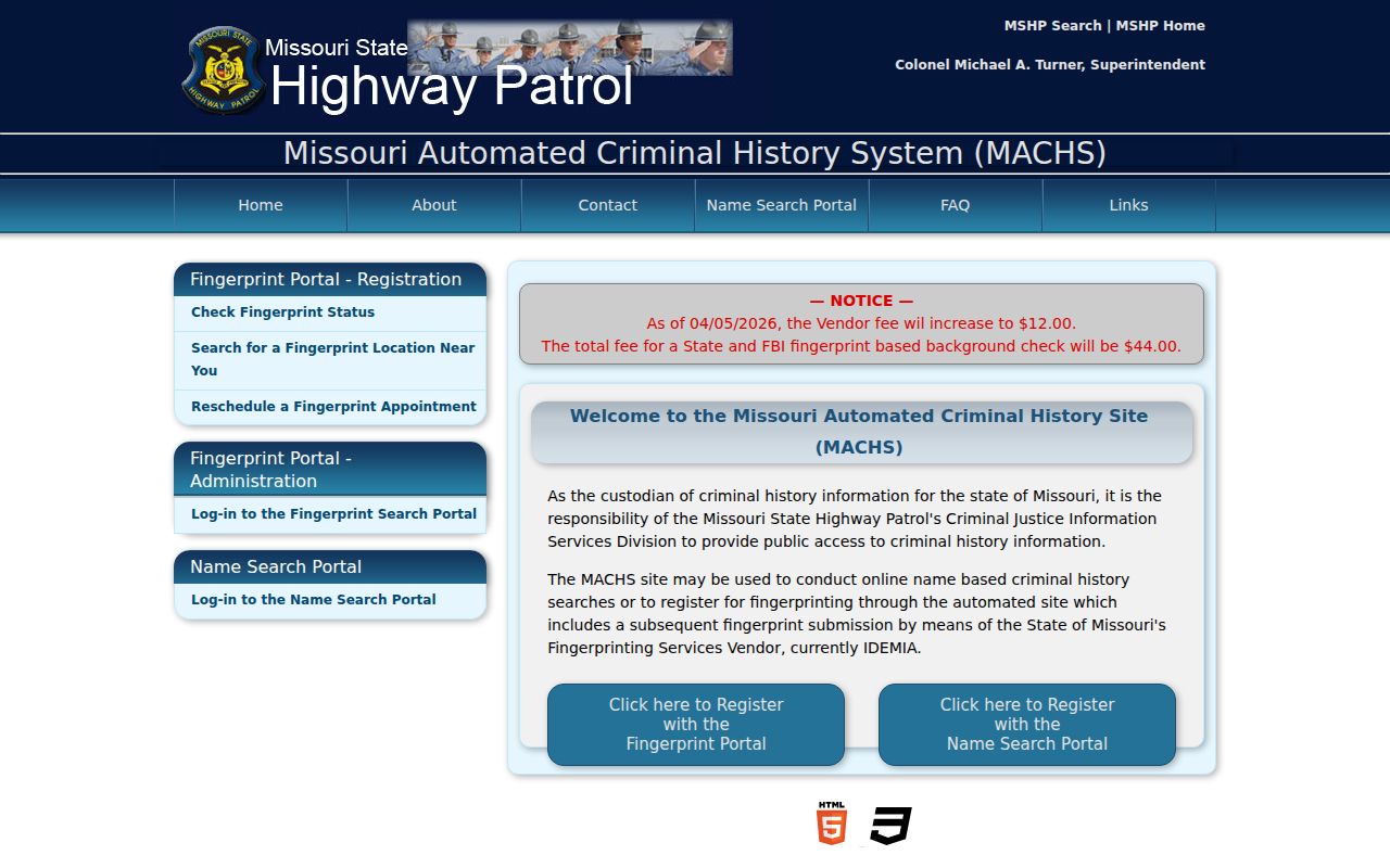 MACHS fingerprint enrollment for a Missouri criminal history response