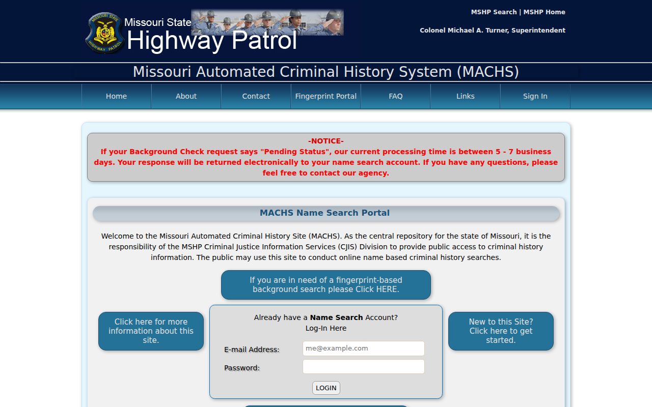 Missouri MACHS name search for Callaway County criminal history