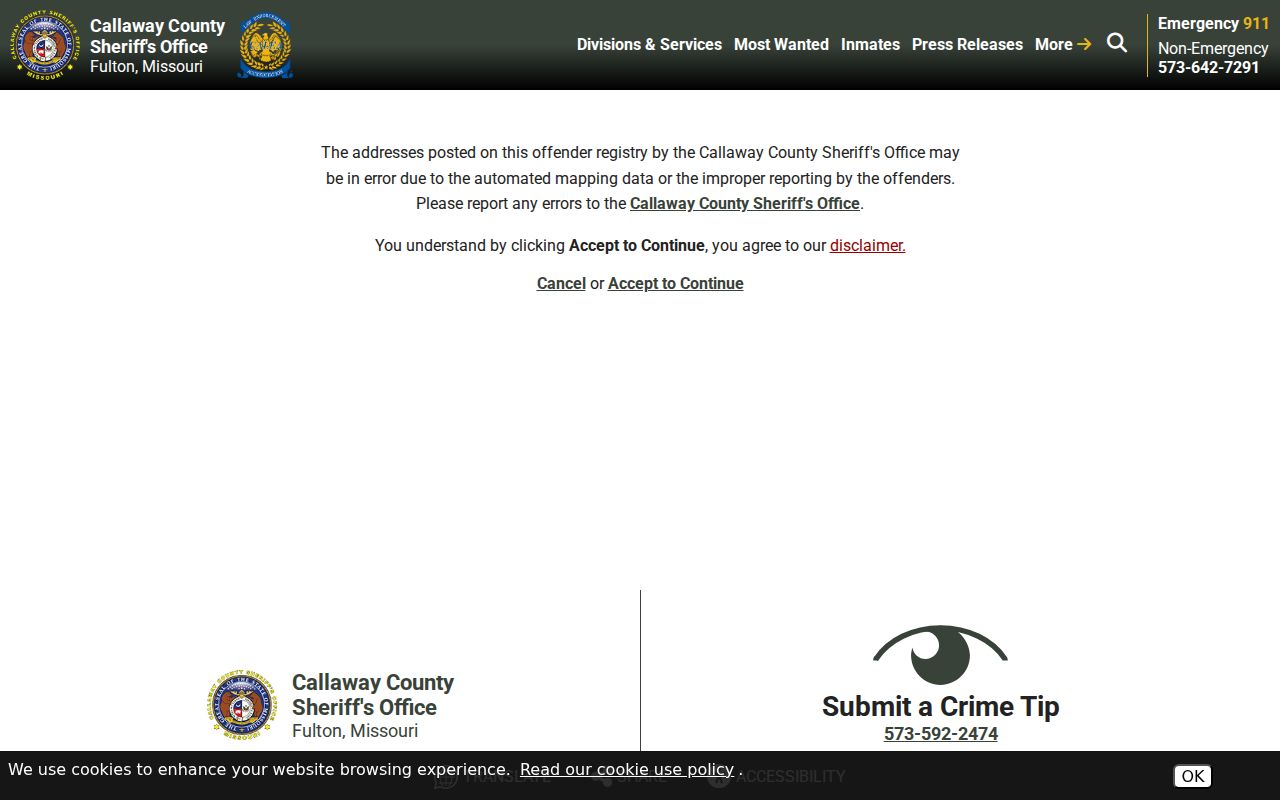 Callaway County sex offender registration information from the sheriff